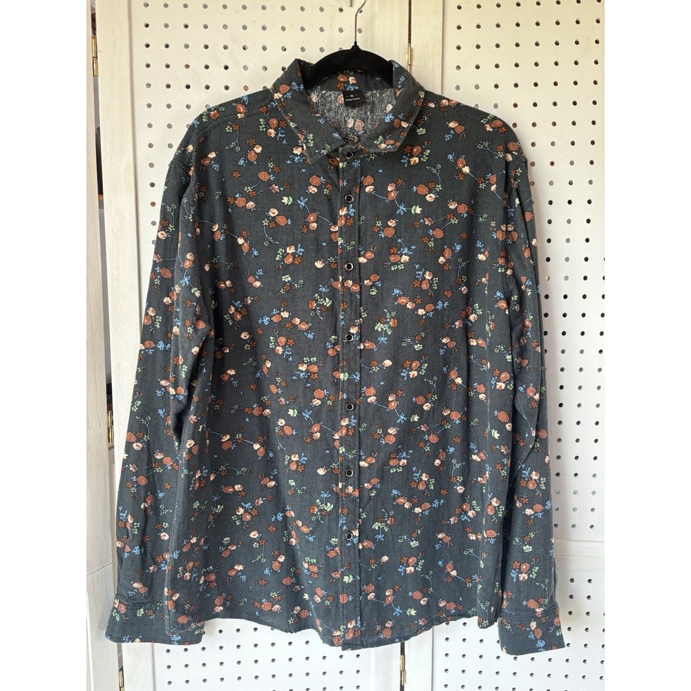 Women's XL Design Fashion Button Down Floral Shirt Cotton‎ Linen Gray Rust